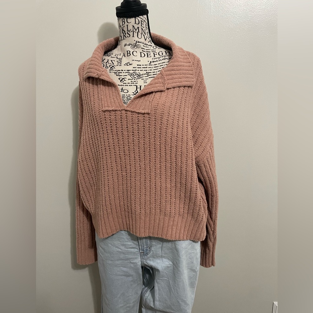 Women's Cozy Rose Pink Ribbed Knit Collared V-Neck Pullover Sweater Size Large